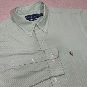 Ralph Lauren Men's Custom FIt Button Down Green Striped Shirt 17 XL Flesh Pony